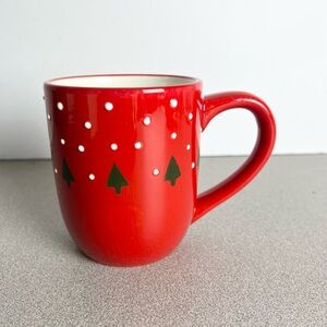 Christmas Mug 3D dots red green trees Nantucket Home coffee cup cocoa tea